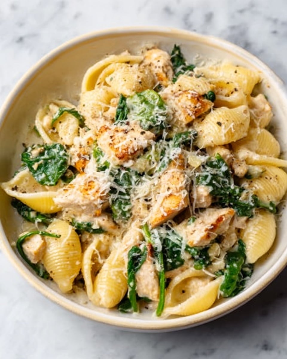 The dish is served in a white bowl showing layers of shell pasta mixed with creamy sauce. There are light golden cooked pieces of chicken evenly spread through the pasta. Bright green spinach leaves add color and texture, scattered around and under the pasta shells. The top is sprinkled with finely grated cheese, melting slightly into the creamy sauce. The bowl sits on a white marbled surface. Photo taken with an iphone --ar 4:5 --v 7