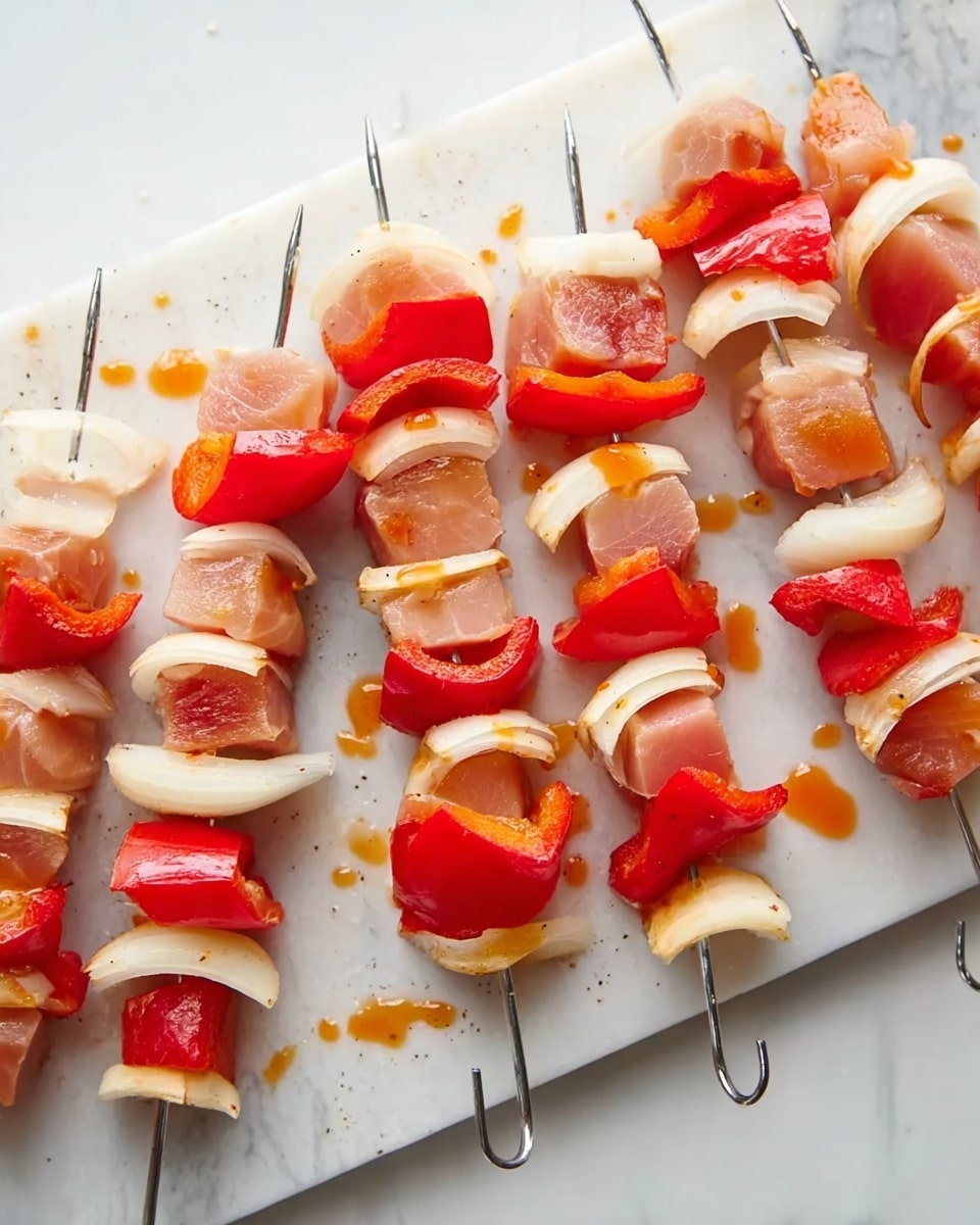 The image shows eight white metal skewers laid out on a white marbled surface forming a tray. Each skewer has an alternating pattern of light pink meat cubes, off-white onion slices, and bright red bell pepper pieces. The meat cubes have a smooth texture and slightly glisten as if marinated. The onion slices are slightly thick and curved, with a clear layering. The red bell pepper pieces are chunky and shiny, with a smooth skin and shiny inner flesh. The skewers are close to each other with small drops of a light orange sauce scattered on the white marbled surface. photo taken with an iphone --ar 4:5 --v 7