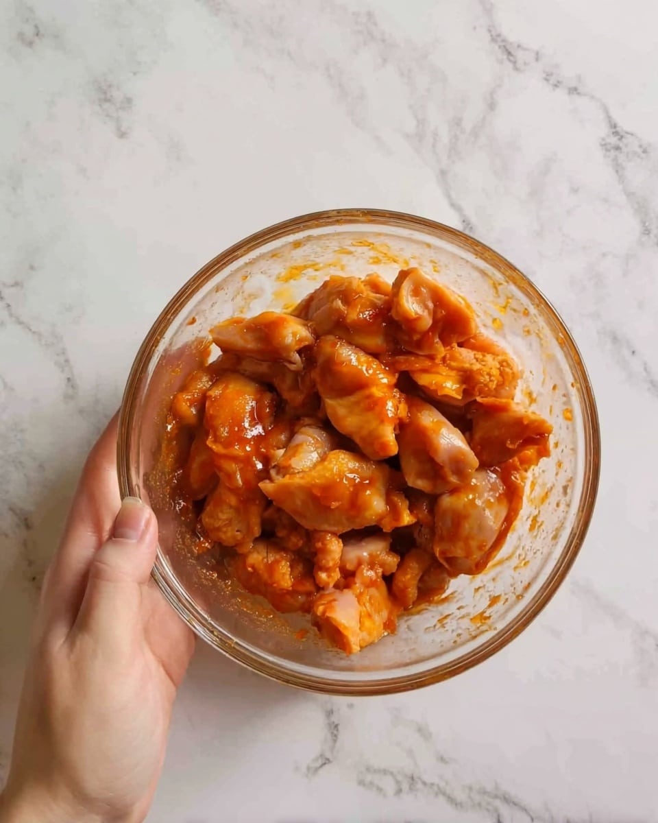 A clear glass bowl is filled with pieces of raw chicken marinated in a reddish-orange sauce, showing a mix of smooth and slightly chunky textures. The bowl is seen from above and is held by a woman's hand from the bottom right side. The background is a white marbled surface. photo taken with an iphone --ar 4:5 --v 7