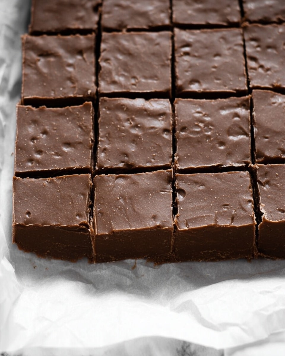 A close-up view of a large, flat sheet of dark chocolate fudge with a smooth, slightly glossy surface, cut into 24 small square pieces arranged in a 4 by 6 grid. The fudge rests on white parchment paper, with some small cracks and tiny air bubbles visible on the surface and edges. The texture looks dense and firm with some roughness along the cut lines. The background is a white marbled texture photo taken with an iphone --ar 4:5 --v 7