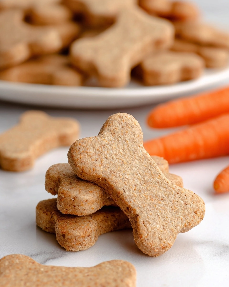 The image shows a close-up of several bone-shaped cookies in light brown color with a rough, crumbly texture. Most of the cookies are laid flat on a white marbled surface, with two stacked on top of each other near the center. In the background, there is a white plate filled with more cookies, slightly out of focus. To the right side of the image, two bright orange carrots lie next to the cookies, adding a pop of color to the scene. photo taken with an iphone --ar 4:5 --v 7