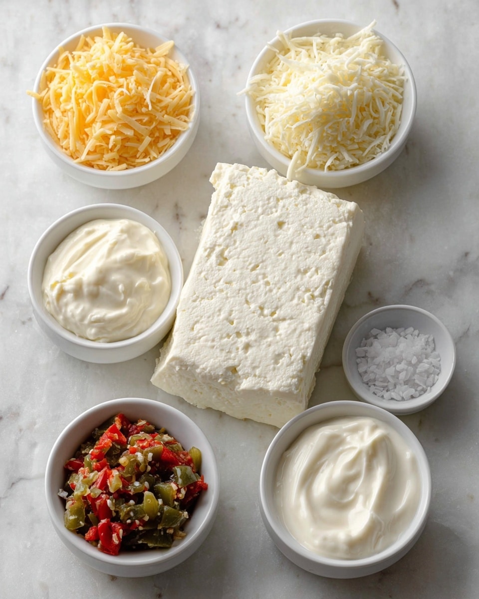 The image shows five small white bowls arranged on a white marbled surface. At the center is a large block of soft white cheese with a crumbly texture on the sides and top. Surrounding it are four smaller bowls: one with shredded yellow cheese, one with thick creamy white sauce, one with shredded white cheese, and one with finely chopped red and green peppers with a shiny, slightly wet look. A very small white bowl holds white salt crystals. The overall setup is neat, clean, and well lit, highlighting the different textures and colors of each ingredient photo taken with an iphone --ar 4:5 --v 7