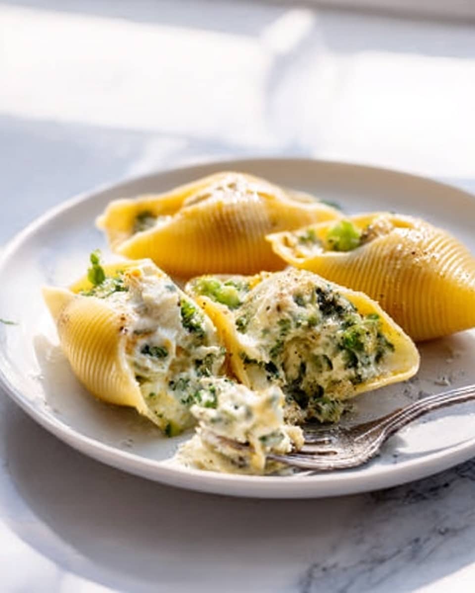 The image shows a white plate on a white marbled surface with three stuffed pasta shells. The shells are yellow with a slightly glossy texture, filled with a mixture of white cheese and green vegetables, visible with a creamy texture inside. One shell is fully stuffed and closed, while another shell is cut open, showing the green and white filling clearly. A silver fork rests on the plate, positioned at the bottom right. The background is softly blurred with natural light, focusing on the pasta shells. Photo taken with an iphone --ar 4:5 --v 7