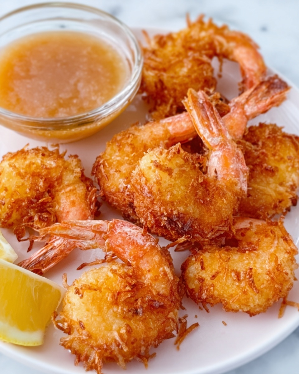 The image shows a white plate on a white marbled surface holding seven pieces of golden brown fried shrimp with crispy texture. Each shrimp has a visible tail sticking out, showing a pale orange color. There is a small clear glass bowl filled with light brown dipping sauce placed near the top left of the plate. A slice of yellow lemon is partially visible on the plate’s left side. The colors include the warm tones of the fried shrimp, the soft orange tails, clear sauce, and bright yellow lemon on the white plate and background. The photo is taken with an iphone --ar 4:5 --v 7