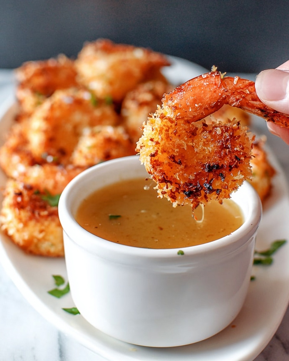 A close-up of a woman's hand holding a golden brown, crispy shrimp coated in toasted flakes and slightly glossy with sauce, being dipped into a white ceramic bowl filled with smooth, light brown sauce. In the background, a white plate sits on a white marbled surface, holding several more of the crispy shrimp with the same toasted texture, slightly out of focus for depth. Photo taken with an iphone --ar 4:5 --v 7
