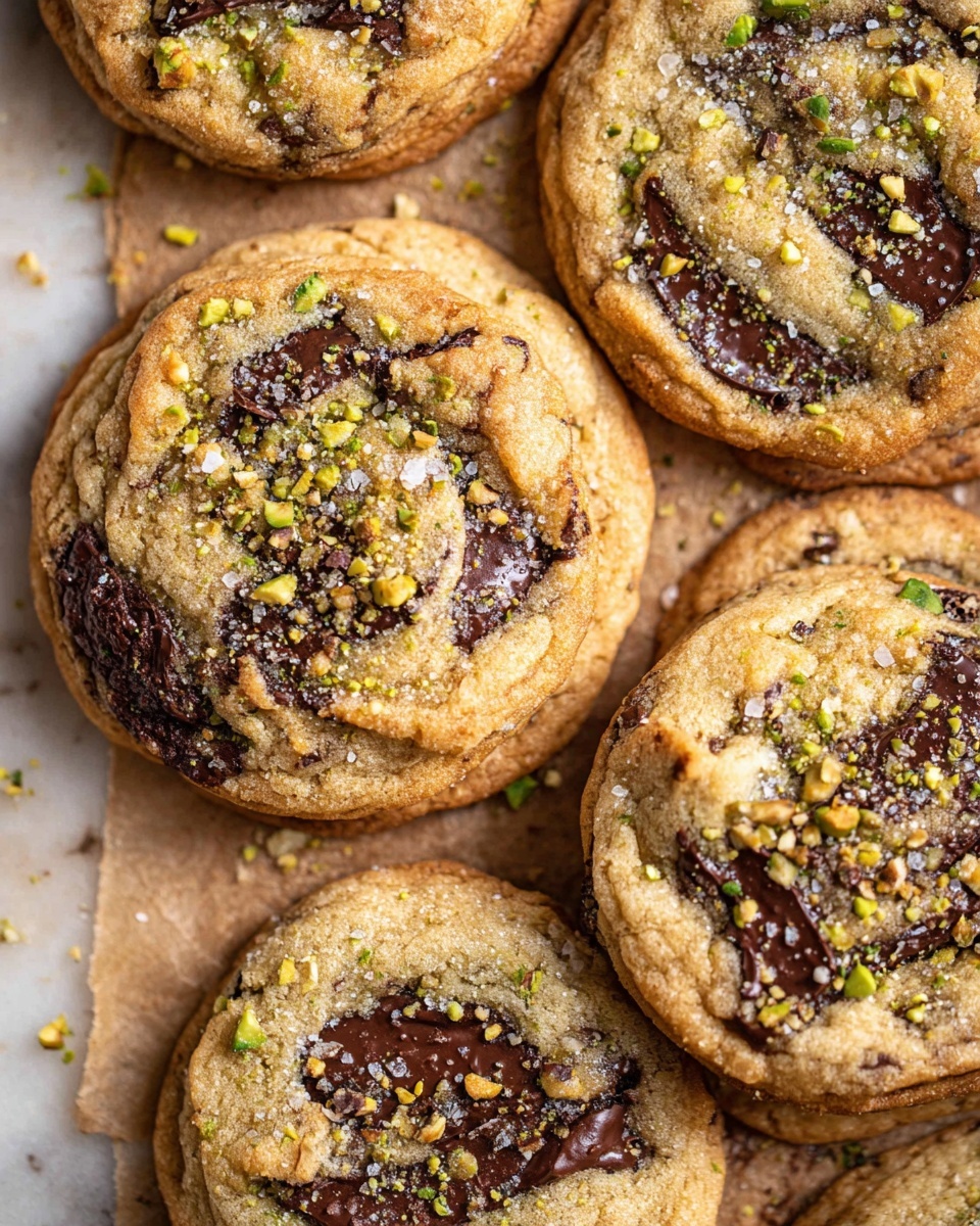 Several round cookies are shown closely together on a white marbled surface lined with light brown parchment paper. Each cookie has a golden-brown color with swirls of melted dark chocolate chunks deeply embedded within their soft texture. The surface of the cookies is sprinkled with small pieces of crushed nuts in shades of green and light brown, adding a rough texture on top. The cookies look soft and slightly thick, with rough edges and visible granules of sugar. Photo taken with an iphone --ar 4:5 --v 7