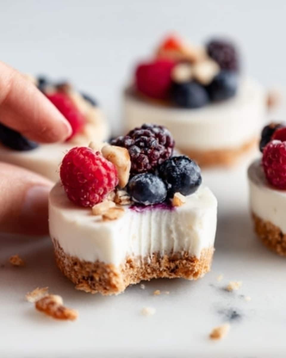 The image shows a close-up of a dark muffin pan with six visible cups, each lined with white paper liners. Inside each liner, there is a creamy white layer filling most of the cup. On top of this white layer, there are small clusters of golden brown granola scattered around. Each cup is decorated with fresh berries, including blackberries, blueberries, and red raspberries, arranged on top of the cream and granola. The muffin pan rests on a white marbled surface, giving a clean and bright look to the image. photo taken with an iphone --ar 4:5 --v 7