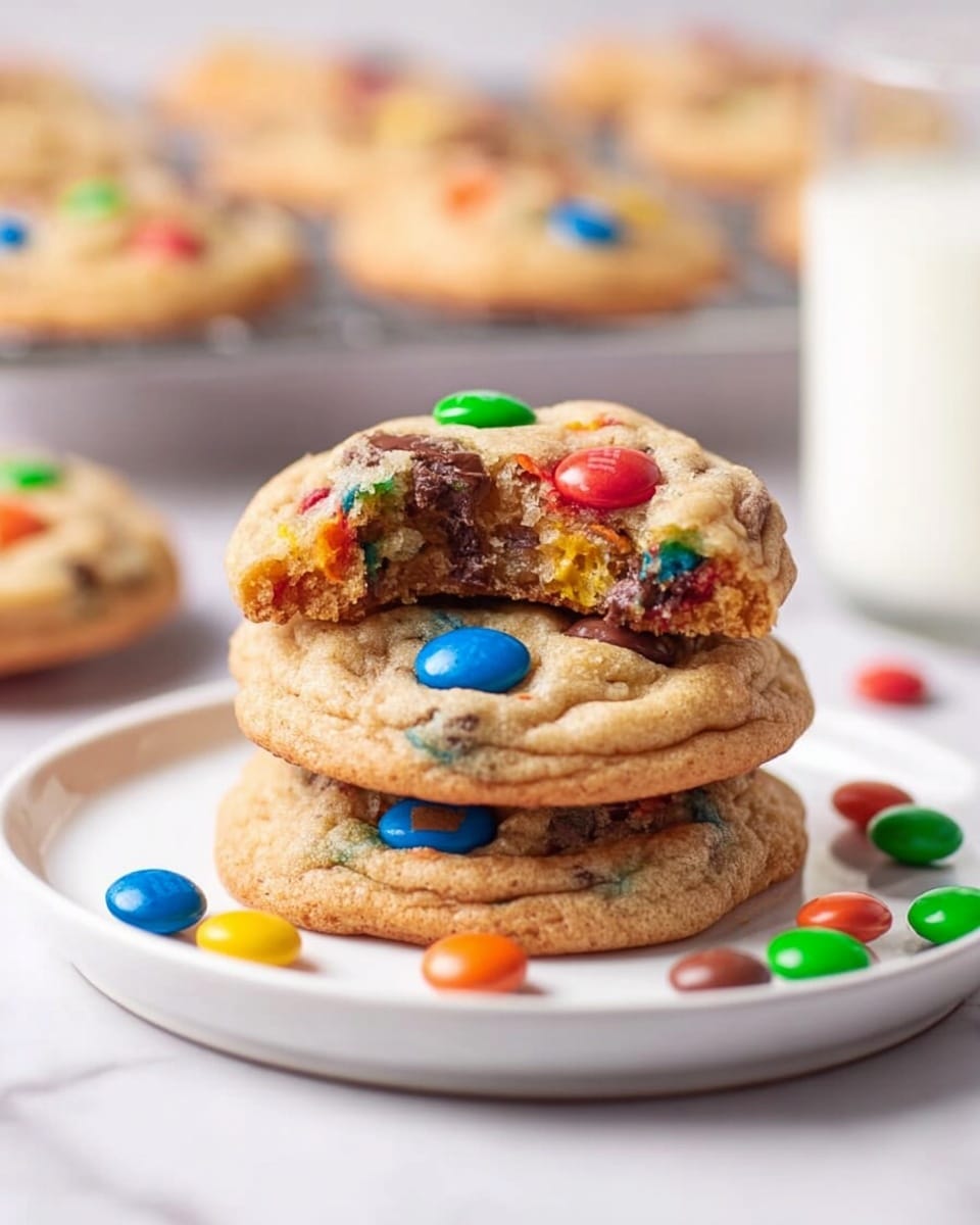 A stack of three cookies sits on a white plate on a white marbled surface. The top two cookies have an open bite taken from their centers, showing a soft inside with colorful candy pieces embedded. Each cookie is light golden brown, studded with multicolored round candies in red, blue, orange, yellow, green, and brown on both the top and visible inside. Colorful candy pieces are scattered around the plate. In the blurred background, more cookies rest on a cooling rack, and a glass of milk is partially visible to the right. Photo taken with an iphone --ar 4:5 --v 7