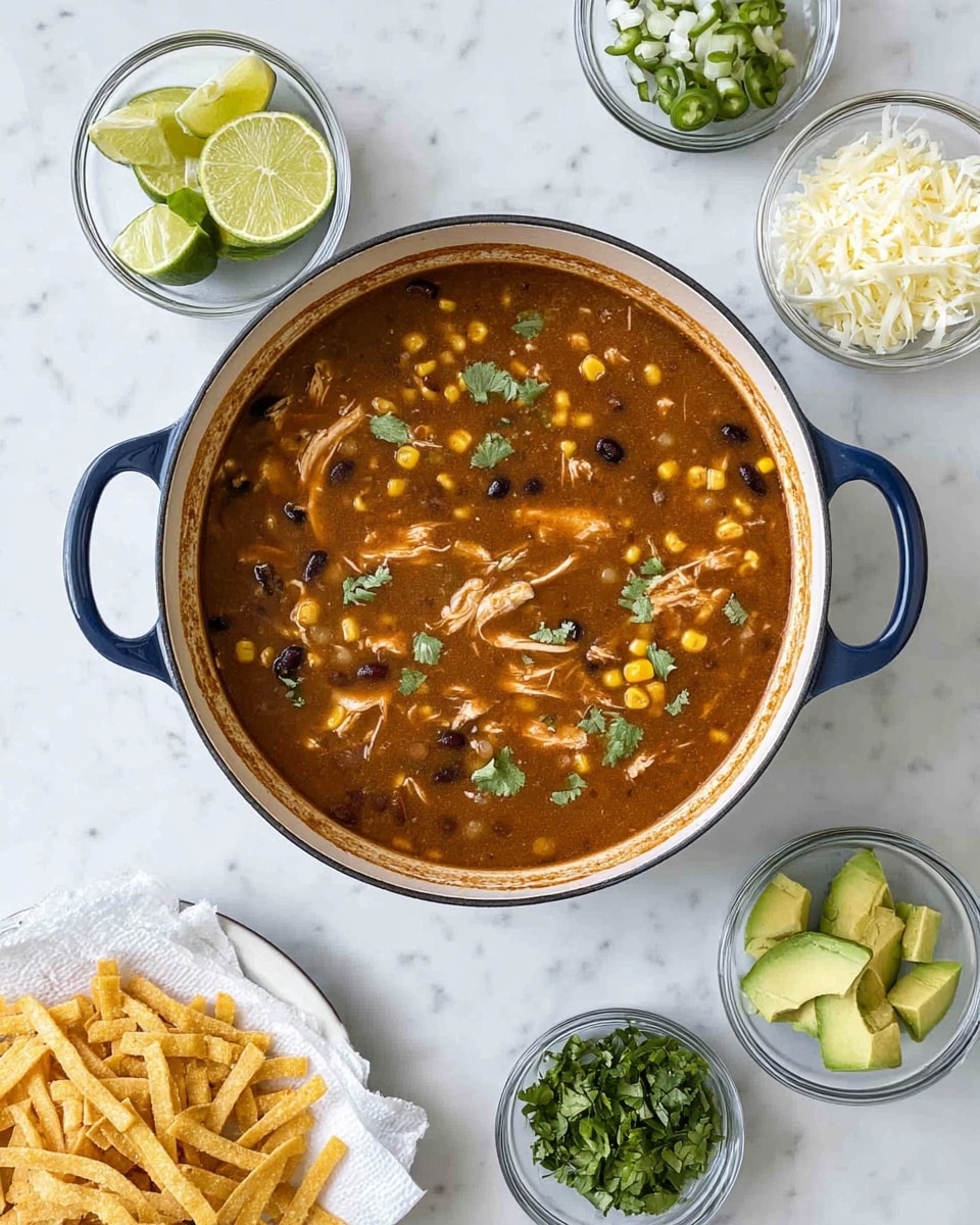 A large white pot with blue handles holds thick brown soup with visible pieces of corn, black beans, and shredded chicken scattered throughout. Around the pot on a white marbled surface are six small clear bowls, each containing different toppings: shredded white cheese, chopped green cilantro, sliced green onions, sliced jalapeños, chopped avocado, and lime wedges. In the bottom left corner, there is a white plate with golden crispy thin strips resting on a white paper towel. The scene is bright and neatly arranged. Photo taken with an iphone --ar 4:5 --v 7