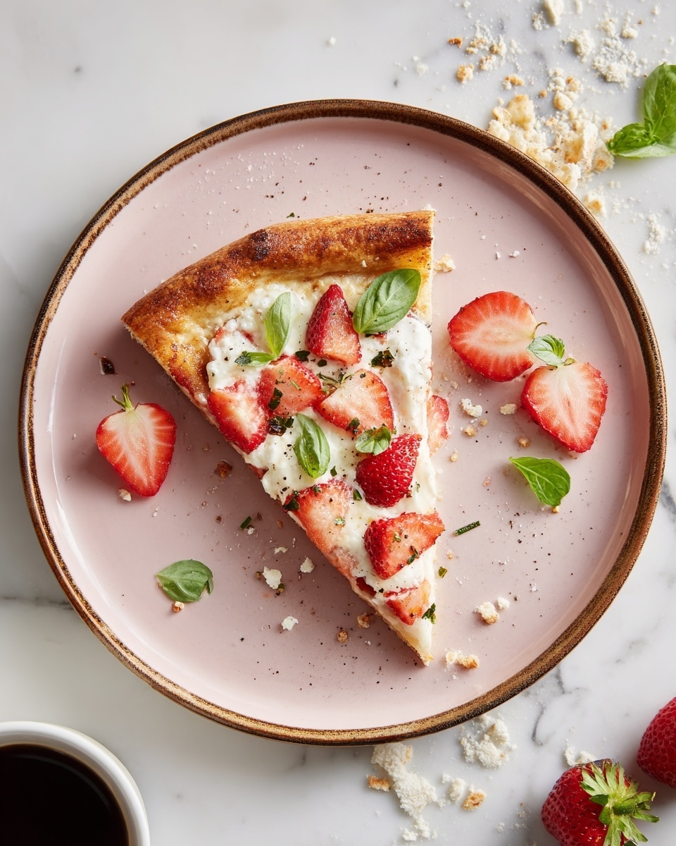 A single slice of pizza sits at the center of a round pink plate with a brown rim, placed on a white marbled surface. The slice has a golden-brown crust with a slightly crispy texture, topped with creamy white cheese, fresh red strawberry slices, and small green basil leaves scattered on top. A few crumbs of cheese and three strawberry slices are placed casually next to the pizza slice on the plate. Around the plate, there are crumbs and pieces of cheese on the white marbled surface, with a whole strawberry partially visible on the bottom right and a white cup with a dark beverage at the bottom left. photo taken with an iphone --ar 4:5 --v 7