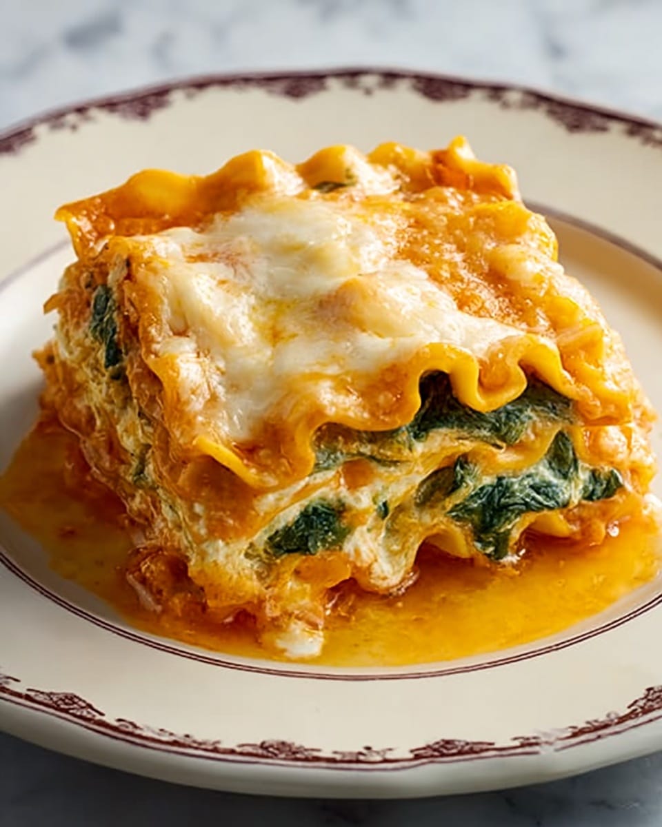 A square piece of lasagna sits on a white plate with a decorative rim, placed on a white marbled surface. The lasagna has multiple layers: at the bottom, a thick orange sauce, followed by two layers of wide, wavy pasta sheets. Sandwiched between the pasta are creamy white cheese mixed with green spinach, and more orange sauce pooling slightly around the lasagna. The top is covered with melted pale yellow cheese that looks soft and slightly shiny. The edges of the pasta show some sauce seepage, giving a rich and hearty look. photo taken with an iphone --ar 4:5 --v 7