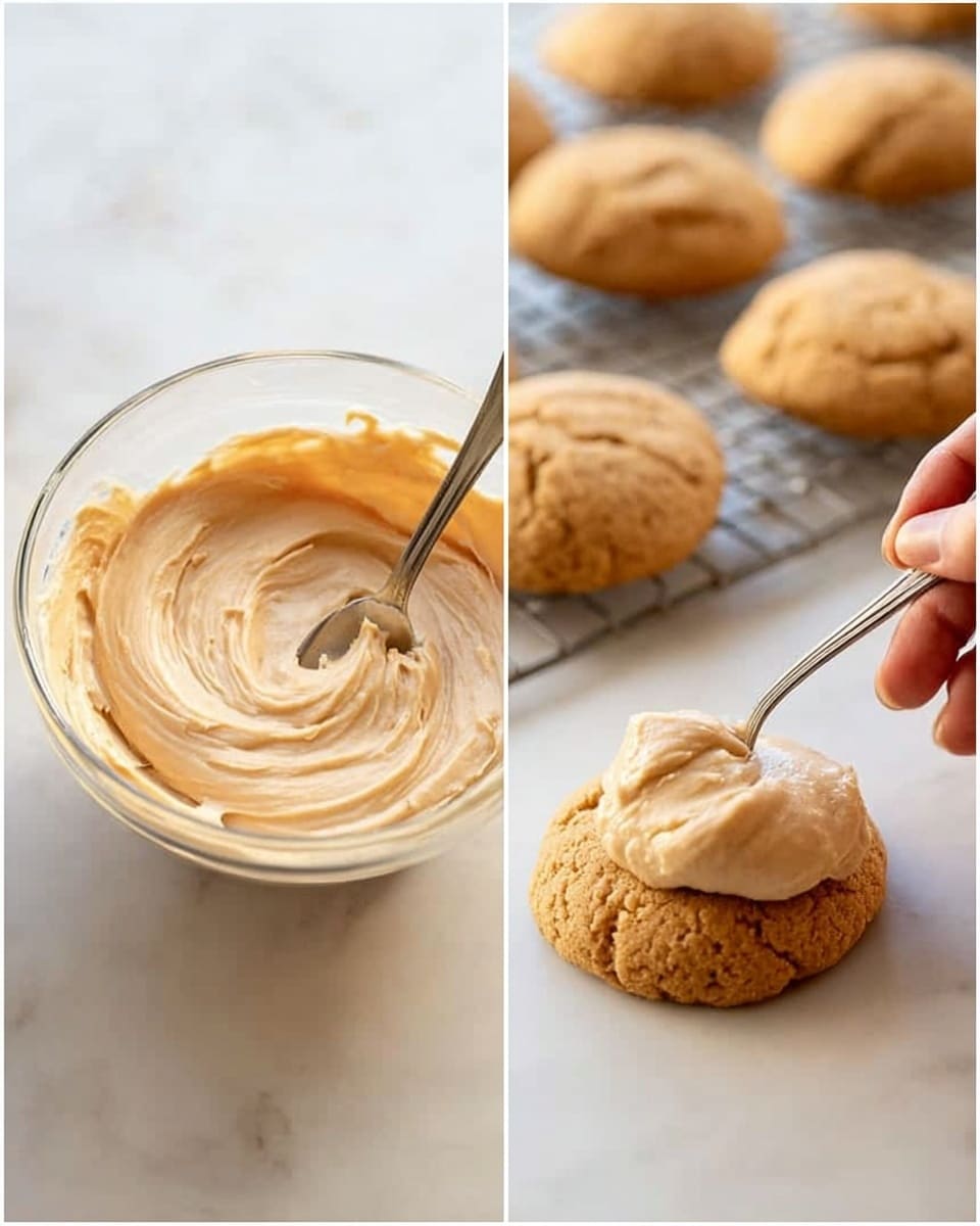 The image shows two scenes side by side on a white marbled surface. On the left is a clear glass bowl filled with smooth, creamy beige frosting, with a spoon resting inside it, creating soft swirls in the frosting. Behind the bowl, there are several light brown cookies cooling on a wire rack, each with a bumpy, slightly cracked texture. On the right side, a woman's hand is holding a spoon, gently spreading the same beige frosting on top of a single cookie, which is round, soft-looking, and slightly textured with small cracks. The background remains a consistent white marbled surface, enhancing the warm, natural tones of the cookies and frosting. photo taken with an iphone --ar 4:5 --v 7