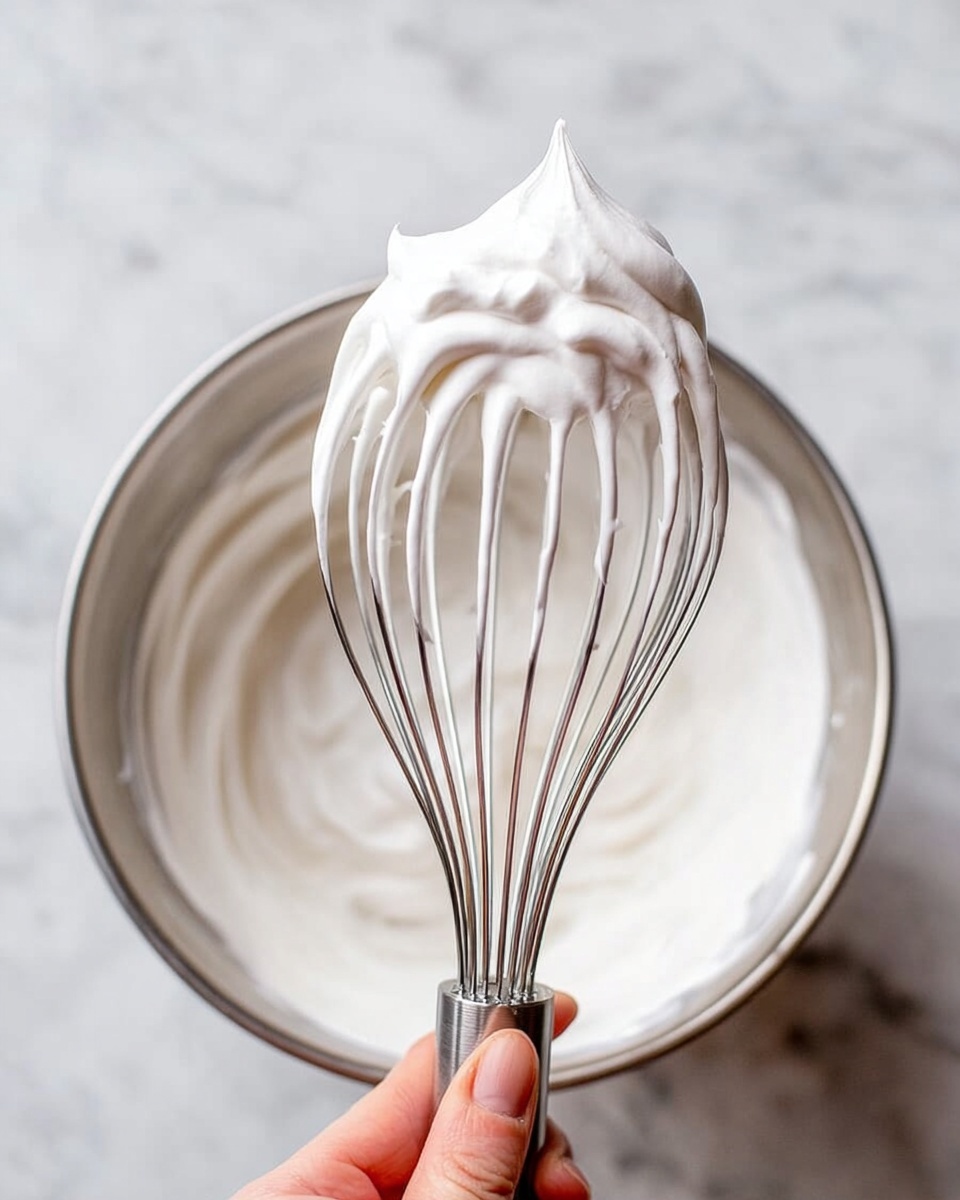 A close-up photo shows a silver whisk with many thin metal wires covered in soft, white, smooth whipped cream. The whisk is held by a woman's hand at the bottom right corner. Under the whisk, there is a shiny silver bowl filled with more of the white whipped cream. The background is a white marbled surface. photo taken with an iphone --ar 4:5 --v 7