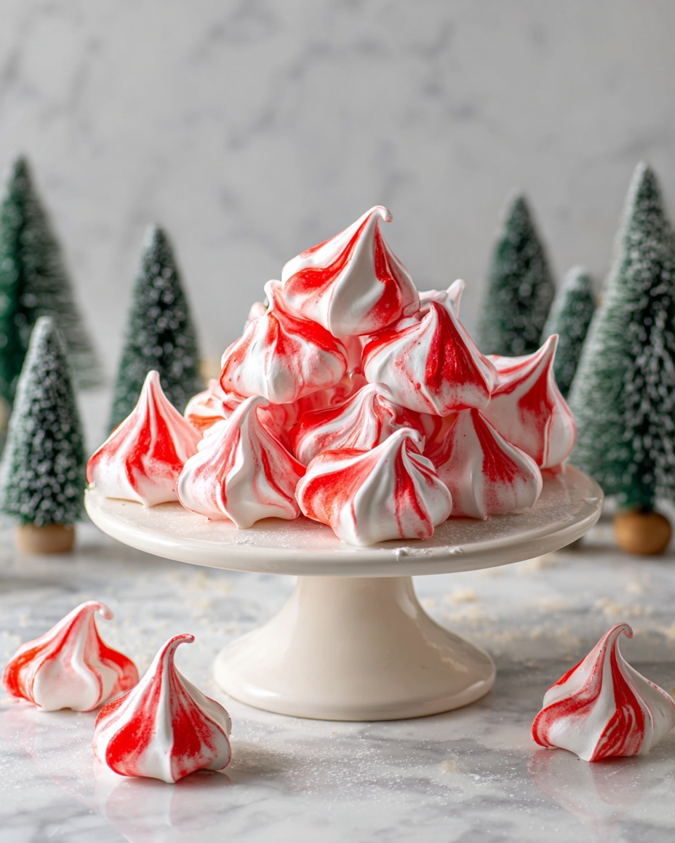 A white cake stand holds a pile of small swirled meringue cookies, each with a mix of bright red and white colors that create a striped pattern around their curved peaks. The meringues have a smooth, shiny texture and are arranged in multiple layers that rise to a medium height, with some pieces at the base spilling onto the white marbled surface around the stand. In the background, there are several miniature green and frosted pine tree decorations, adding a festive and wintery feel to the scene, all set against a soft, light gray background. photo taken with an iphone --ar 4:5 --v 7