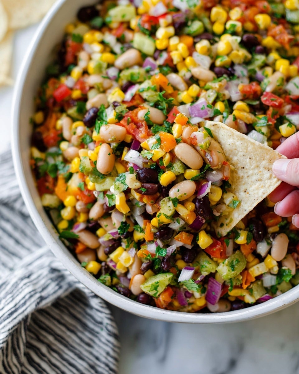 A large white bowl is filled with a colorful mix of chopped vegetables and beans, showing layers of bright yellow corn, black beans, white beans, red and green bell peppers, purple onions, and green cilantro. The texture looks fresh and slightly moist, with the ingredients chopped into small, even pieces. A white tortilla chip is scooping up some of the mixture from the bowl, held by a woman's hand. The background shows a white marbled surface and a blurred cloth with dark stripes. photo taken with an iphone --ar 4:5 --v 7