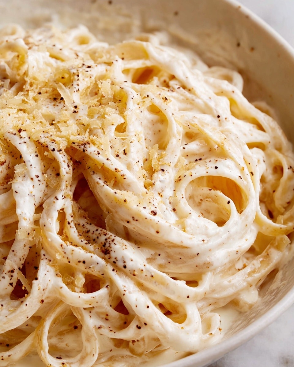 A close-up of creamy fettuccine pasta in one white bowl, showing thick noodles coated in a smooth, rich white sauce. The top layer of pasta is sprinkled with small bits of grated cheese and a light dusting of ground black pepper, adding texture and contrast to the creamy surface. The pasta strands twist and pile in different directions, making a soft, inviting look. The dish is set on a white marbled surface photo taken with an iphone --ar 4:5 --v 7