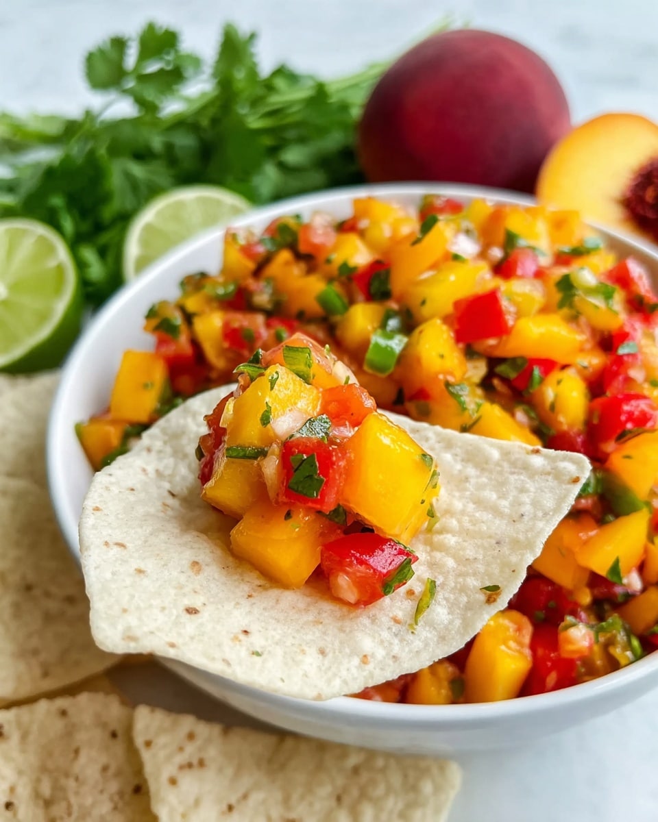 A close-up view of a white bowl filled with colorful peach salsa made of diced yellow peaches, red tomatoes, green herbs, and small pieces of green peppers, all mixed together. In front of the bowl, a crisp white tortilla chip holds a small scoop of the vibrant salsa with visible chunks of peach, tomato, and green herbs. The background features a white marbled surface with out-of-focus fresh green herbs, a peach half showing its pit, and lime wedges, adding more color and freshness to the scene. photo taken with an iphone --ar 4:5 --v 7