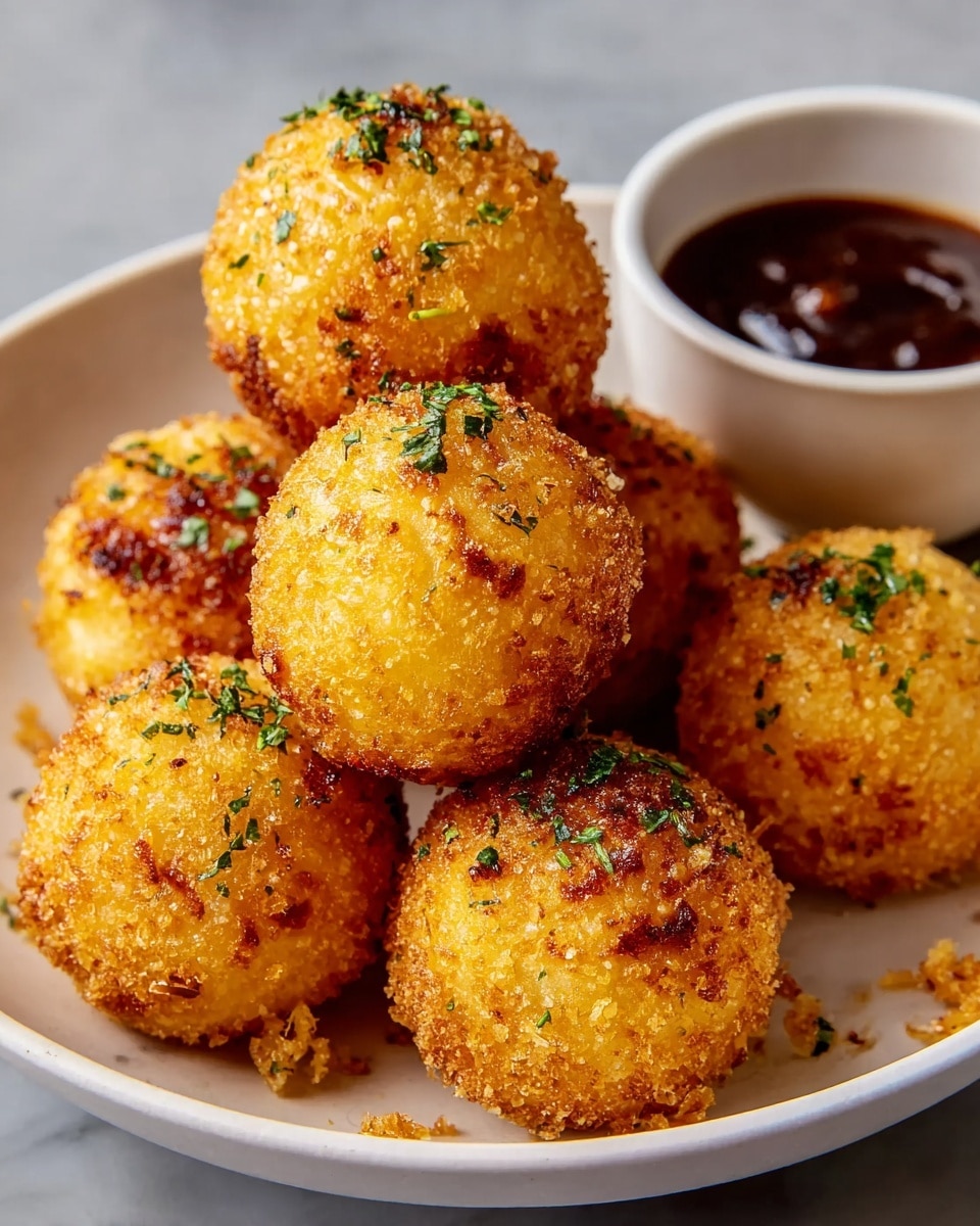 A white bowl holds a stack of six golden-brown, crispy rice balls sprinkled with small green herb pieces, showing a crunchy texture with some darker browned spots. Behind the pile of rice balls, to the right, there is a small white bowl filled with dark reddish-brown dipping sauce. The bowl sits on a white marbled surface with some small crumbs scattered around. The photo taken with an iphone --ar 4:5 --v 7
