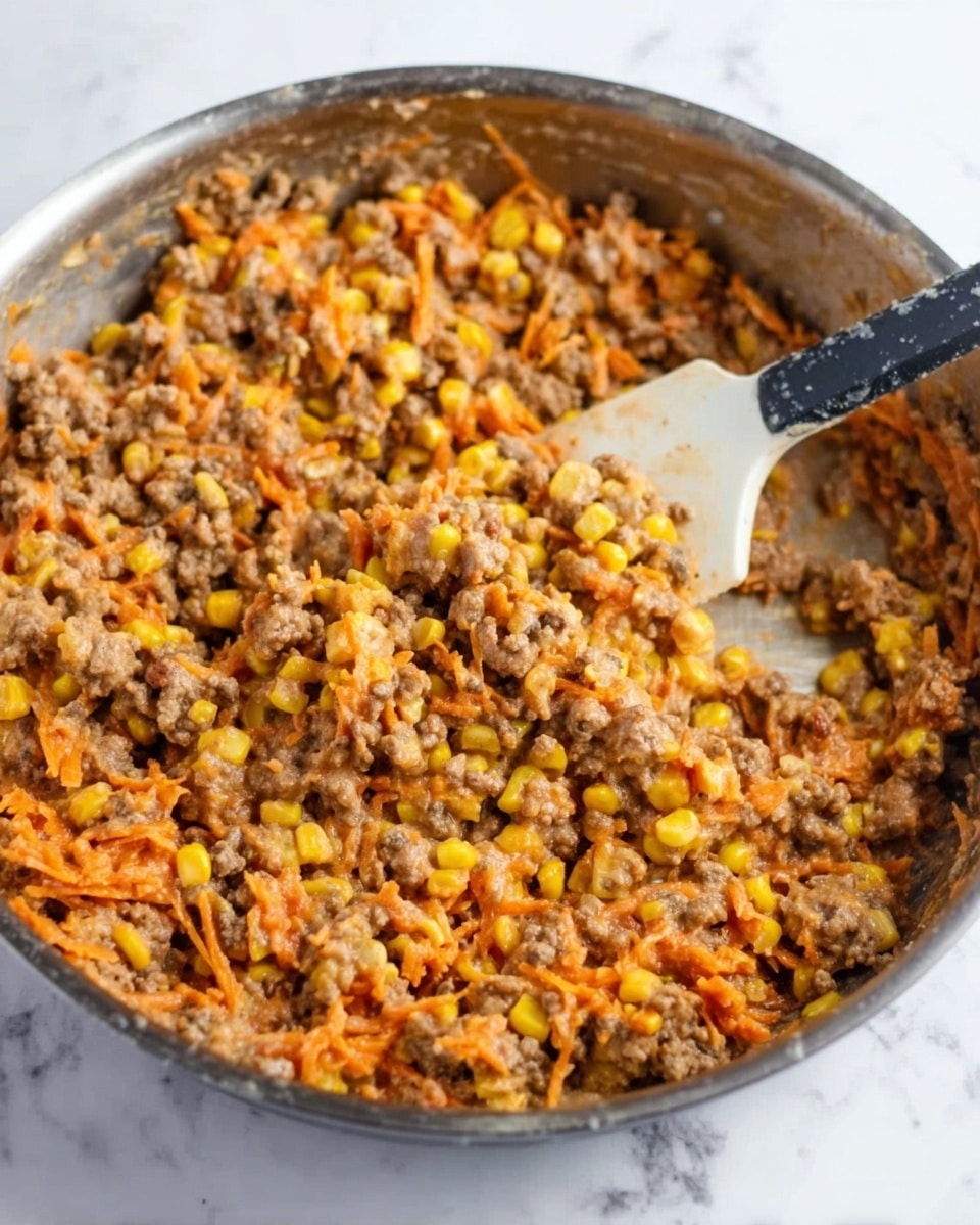 The image shows a close-up of a metal pan filled with a mix of cooked ground meat, yellow corn kernels, and shredded orange carrots, all mixed together in a thick, slightly creamy sauce. A white spatula with a black handle is placed inside the pan, resting on the right side, lifting some of the mixture. The pan sits on a white marbled surface. Photo taken with an iphone --ar 4:5 --v 7