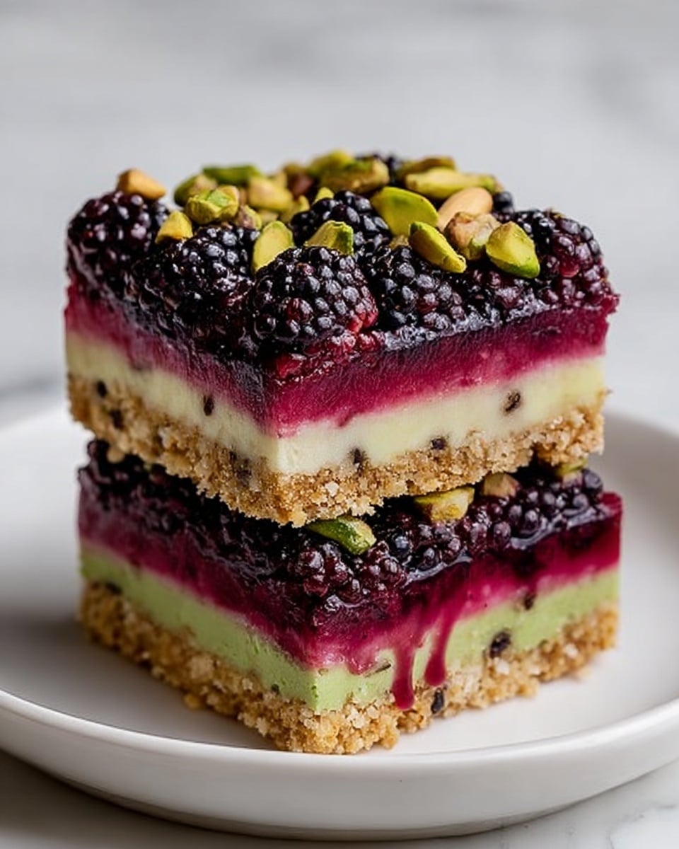 Two square layers of berry dessert are stacked on a white plate, set on a white marbled surface. Each square has four visible layers: the bottom layer is crumbly and light brown with small dark spots, supporting the whole piece; above that is a smooth, pale green layer; next is a thick, bright purple-red berry layer packed with dark blackberries that show their bumpy textures; the top is sprinkled with golden pine nuts and a few green nuts, adding roughness and color contrast. The pieces are rich and fresh looking, with some berry juice glistening and dripping slightly along the edges. Photo taken with an iphone --ar 4:5 --v 7