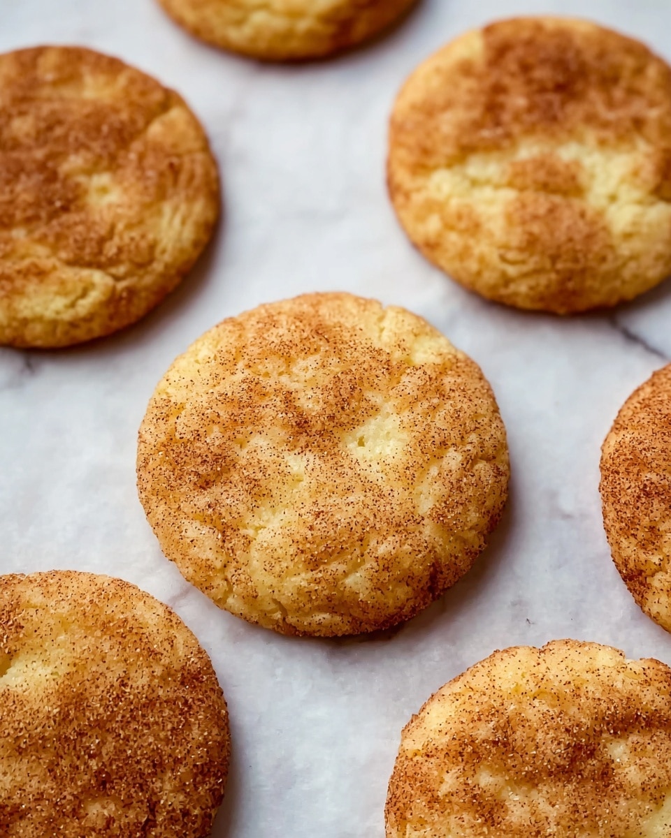 The image shows six round snickerdoodle cookies placed on white baking paper over a white marbled surface. Each cookie is golden brown with a textured surface covered in a light dusting of cinnamon sugar, giving them a slightly grainy look. The cookies have a soft but slightly cracked top layer, showing they are baked evenly. The arrangement is close-up, focusing on the warm and inviting color and texture of the cookies. photo taken with an iphone --ar 4:5 --v 7