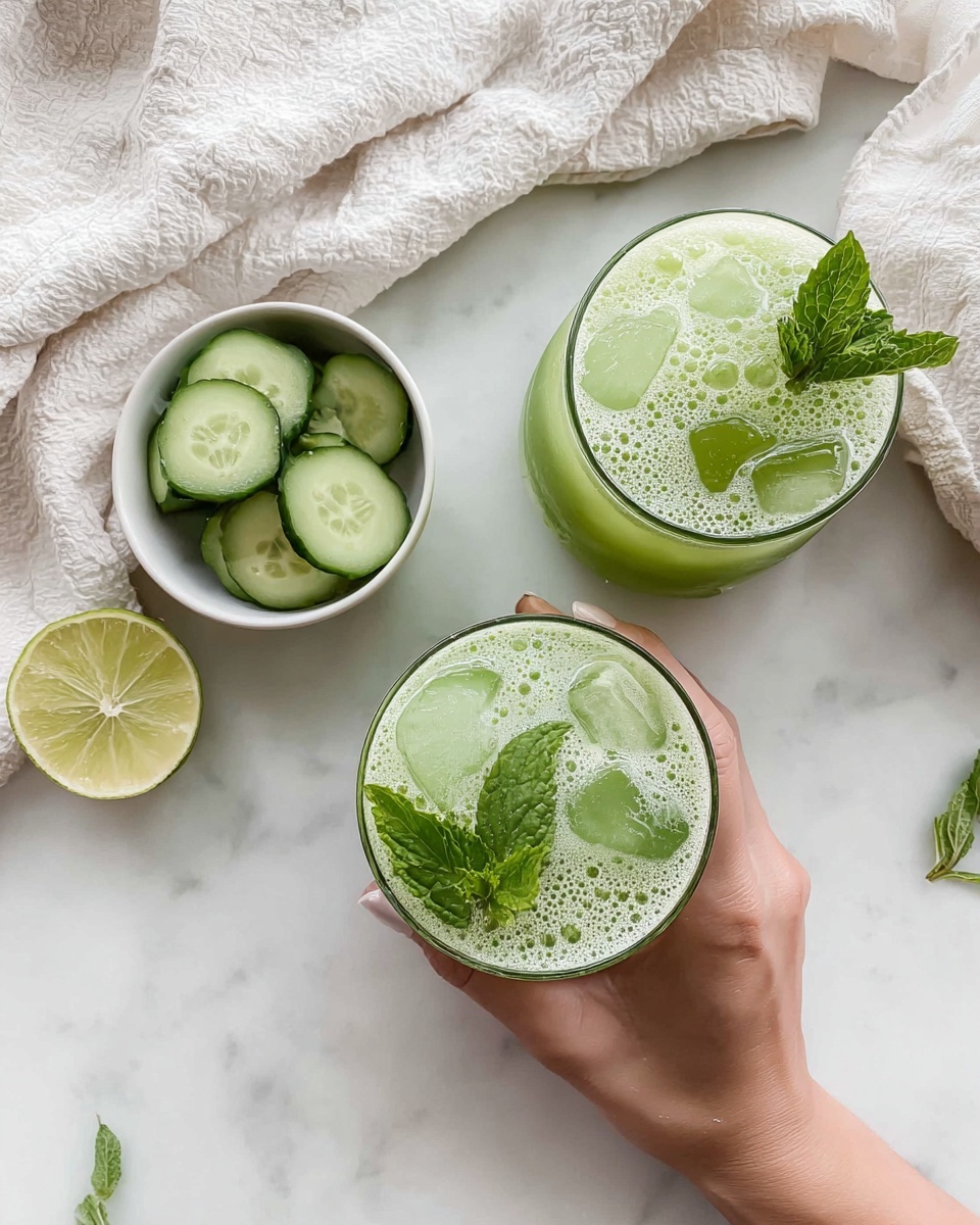 Two clear glasses filled with a light green drink topped with ice cubes and fresh green mint leaves sit on a white marbled surface. One glass is being held by a woman's hand, showing the round glass top full of bubbly, bright green liquid with a frothy texture. Next to the drinks is a small white bowl filled with green cucumber slices, garnished with a sprig of mint. A halved lime with a pale yellow inside rests beside the bowl. A crumpled white textured cloth is placed in the upper background, adding a soft touch to the scene. Photo taken with an iphone --ar 4:5 --v 7