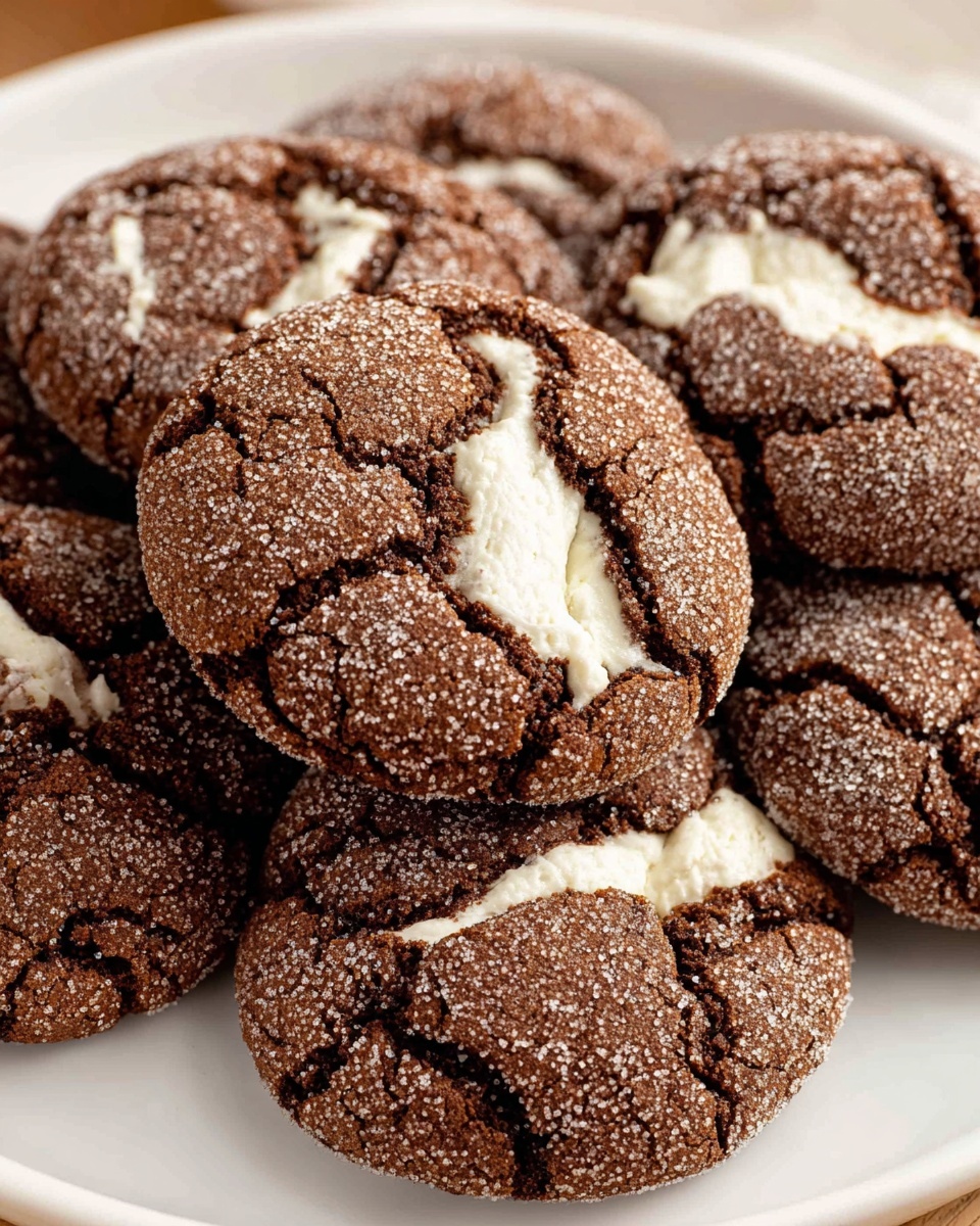 A close-up view of a white plate filled with several round chocolate cookies. Each cookie has a cracked surface coated with sugar, showing a rough texture. The cracks reveal a white, creamy filling inside the cookies, appearing soft and slightly melted. The cookies are dark brown with a sugary sparkle on top, arranged closely together on a white marbled surface. photo taken with an iphone --ar 4:5 --v 7