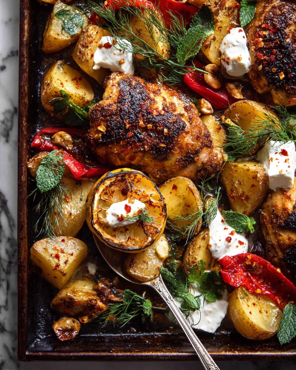 The image shows two browned grilled chicken pieces with a textured, slightly crispy surface scattered with red flakes, placed on a dark roasting pan. Around the chicken are golden roasted potato chunks with a rough exterior, some topped with dollops of smooth white sauce. Bright red roasted pepper slices curve loosely among the potatoes. In the center, a halved lemon with charred edges and mint leaves adds a fresh green and yellow contrast. Sprigs of fresh, feathery green dill and small cubes of white feta cheese are scattered across the dish, adding varied textures and colors, with some pine nuts visible on the chicken. A silver serving spoon holds some potatoes, a feta cube, and dill, partially covered by sauce. The whole scene is set against a white marbled surface photo taken with an iphone --ar 4:5 --v 7