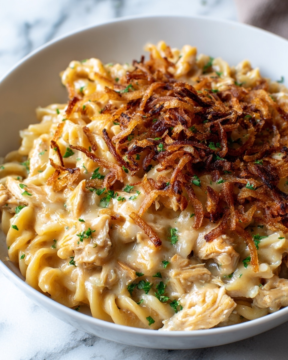 This image shows a close-up of a dish in a white bowl, placed on a white marbled surface. The dish has three main layers: the bottom layer is creamy pasta mixed with small pieces of light golden chicken, visible through a smooth cheesy sauce that glistens under the light. On top of this, there is a layer of crispy, thin, dark golden-brown fried onions spread unevenly over the pasta. The dish is finished with small green herb bits scattered around, adding contrast in color and texture. The photo is taken with an iphone --ar 4:5 --v 7