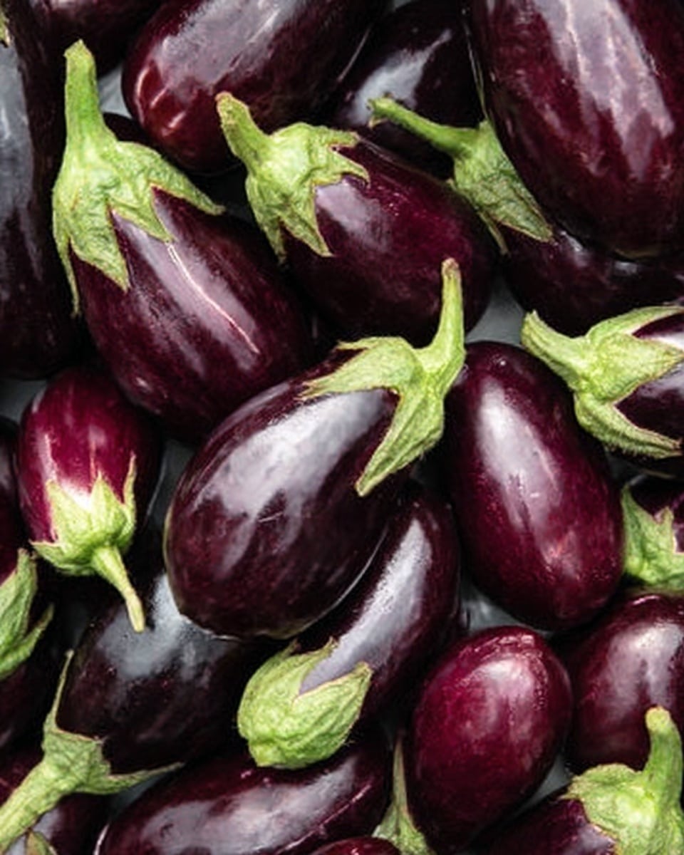A close-up image showing many shiny, dark purple eggplants with smooth skin piled together. Each eggplant has a bright green stem and a small cap at the top, adding contrast to the deep purple color. The texture of the eggplants is smooth and glossy, reflecting some light. The background and surface are a white marbled texture. photo taken with an iphone --ar 4:5 --v 7