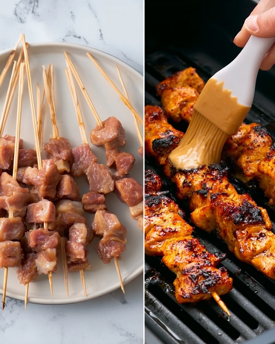The image shows two parts: on the left, several raw meat pieces are threaded on wooden skewers placed on a white plate, and a woman’s hand is brushing a pale, light brown sauce over the meat using a silicone brush; on the right, four cooked skewers of meat with a charred, golden-brown color and crispy edges are lying on a black grill rack, with visible grill marks and some dripping juices. The background is a white marbled surface photo taken with an iphone --ar 4:5 --v 7