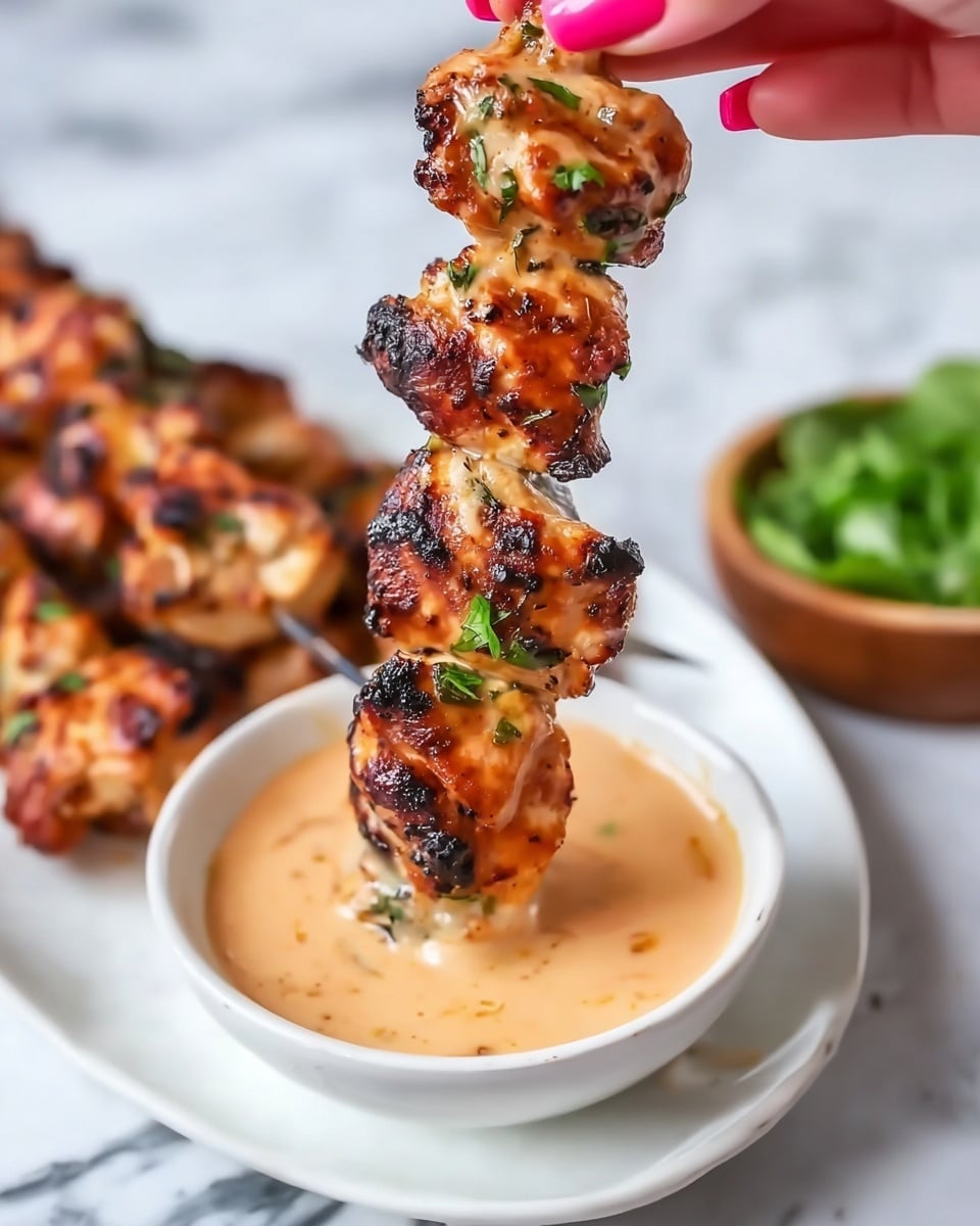 A skewer with three pieces of grilled chicken, showing a golden brown and slightly charred texture with some green herb bits on top, is being held by a woman's hand with pink nail polish. The skewer is partially dipped into a small white bowl filled with creamy, light brown sauce. In the background, there is a white plate with more grilled chicken pieces and a blurred wooden bowl with green leafy herbs on a white marbled surface. The focus is on the skewer and sauce, showing rich texture and color contrast. photo taken with an iphone --ar 4:5 --v 7