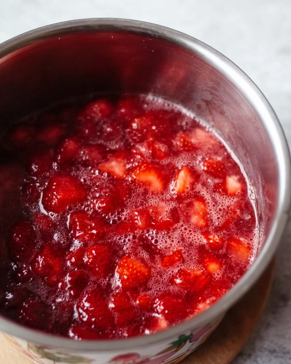A close-up image shows bright red crushed strawberries cooking inside a shiny stainless steel pot with small bubbles on the surface, indicating a simmering texture. The pot sits on a light-colored wooden board, and a colorful ceramic cup decorated with cartoon images is placed nearby on a white marbled surface. The vibrant red fruit inside the pot contrasts with the metal’s smooth silver surface. Photo taken with an iphone --ar 4:5 --v 7