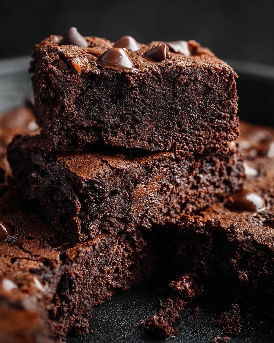 A close-up view of thick, rich chocolate brownies stacked on each other on a black surface, each slice showing a moist, dense texture with small melted chocolate chunks both inside and on top, giving a slightly shiny and soft look. The brownies have a dark brown color with rough edges and a crumbly texture around the base. Photo taken with an iphone --ar 4:5 --v 7