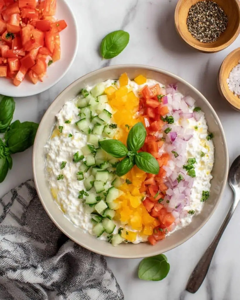 Savory Cottage Cheese Bowl with Fresh Vegetables and Basil Recipe