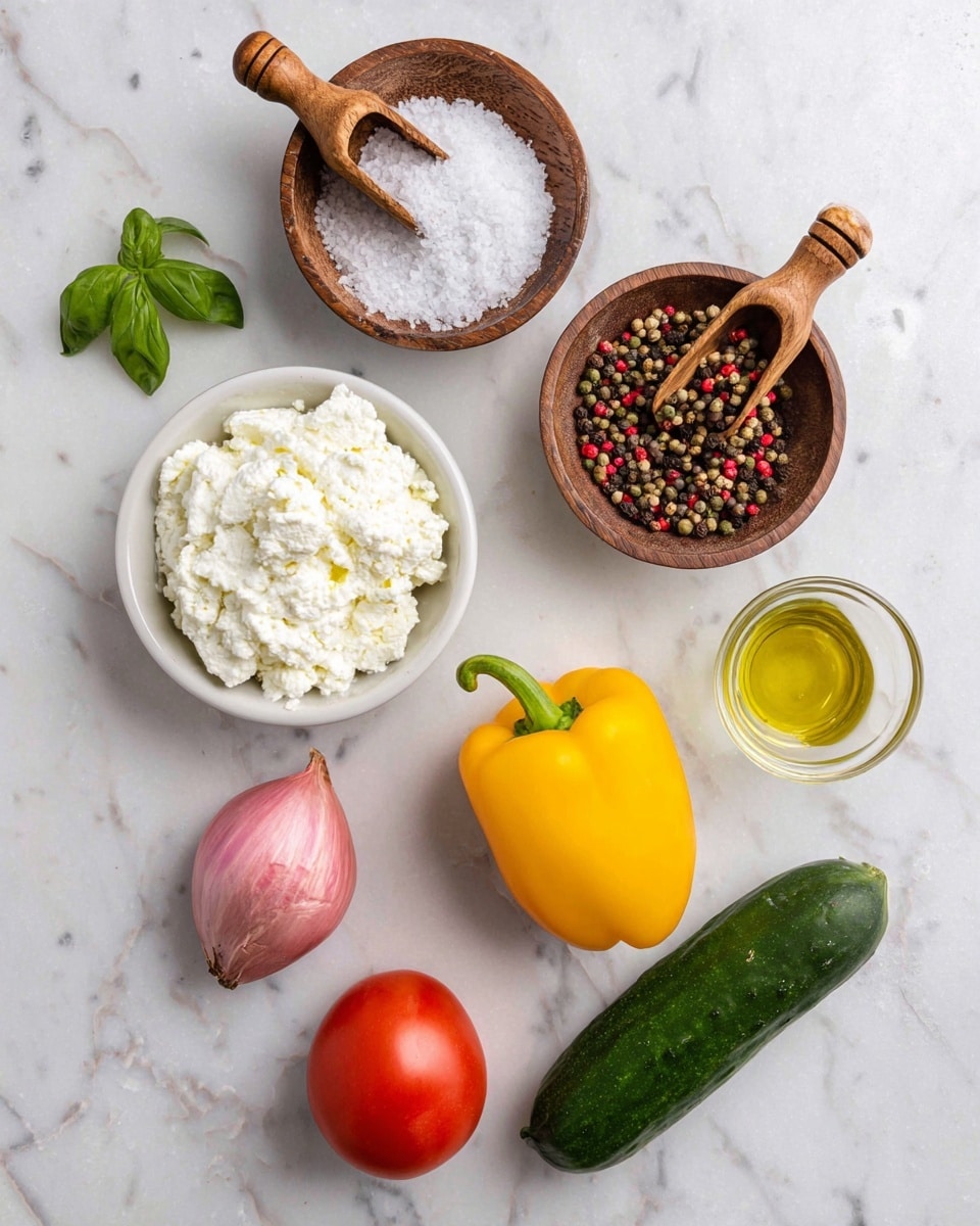 The image shows various fresh ingredients and seasonings placed on a white marbled surface. At the top, there are two wooden bowls, one filled with white coarse salt and the other with multi-colored peppercorns, each with a small wooden scoop inside. Below and to the left, a white bowl contains a creamy white cottage cheese with a soft texture. Next to it is a small white bowl holding a few fresh green basil leaves. Towards the center right, there is a bright yellow bell pepper and a red tomato with smooth skin. At the bottom left, a small shallot with pink skin lays beside a dark green cucumber that has a slightly bumpy texture. Finally, at the bottom right, a small clear glass bowl holds a pale yellow liquid, likely oil or vinegar. The arrangement is neat and visually balanced. photo taken with an iphone --ar 4:5 --v 7