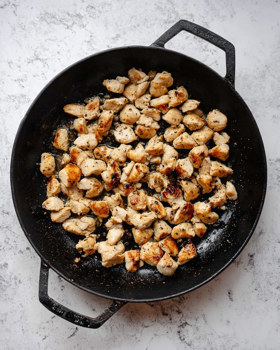 A black cast iron pan filled with small, browned pieces of cooked chicken scattered evenly across the surface. The chicken pieces have a light golden crust with some darker seared spots, showing a mix of soft and crispy textures. The pan rests on a white marbled surface that highlights the contrast between the dark pan and the golden chicken pieces. photo taken with an iphone --ar 4:5 --v 7
