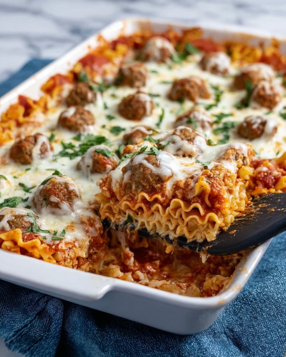 A white rectangular baking dish filled with layered lasagna. The bottom layer is red tomato sauce mixed with ruffled pasta noodles, topped by a layer of melted white cheese that is thick and bubbly. Scattered evenly on the cheese are small round brown meatballs. Fresh green chopped herbs are sprinkled on top, adding a fresh touch. A black spatula is pulling out a square portion, revealing layers of pasta, sauce, and cheese inside. The dish sits on a white marbled surface with a blue cloth underneath. Photo taken with an iphone --ar 4:5 --v 7