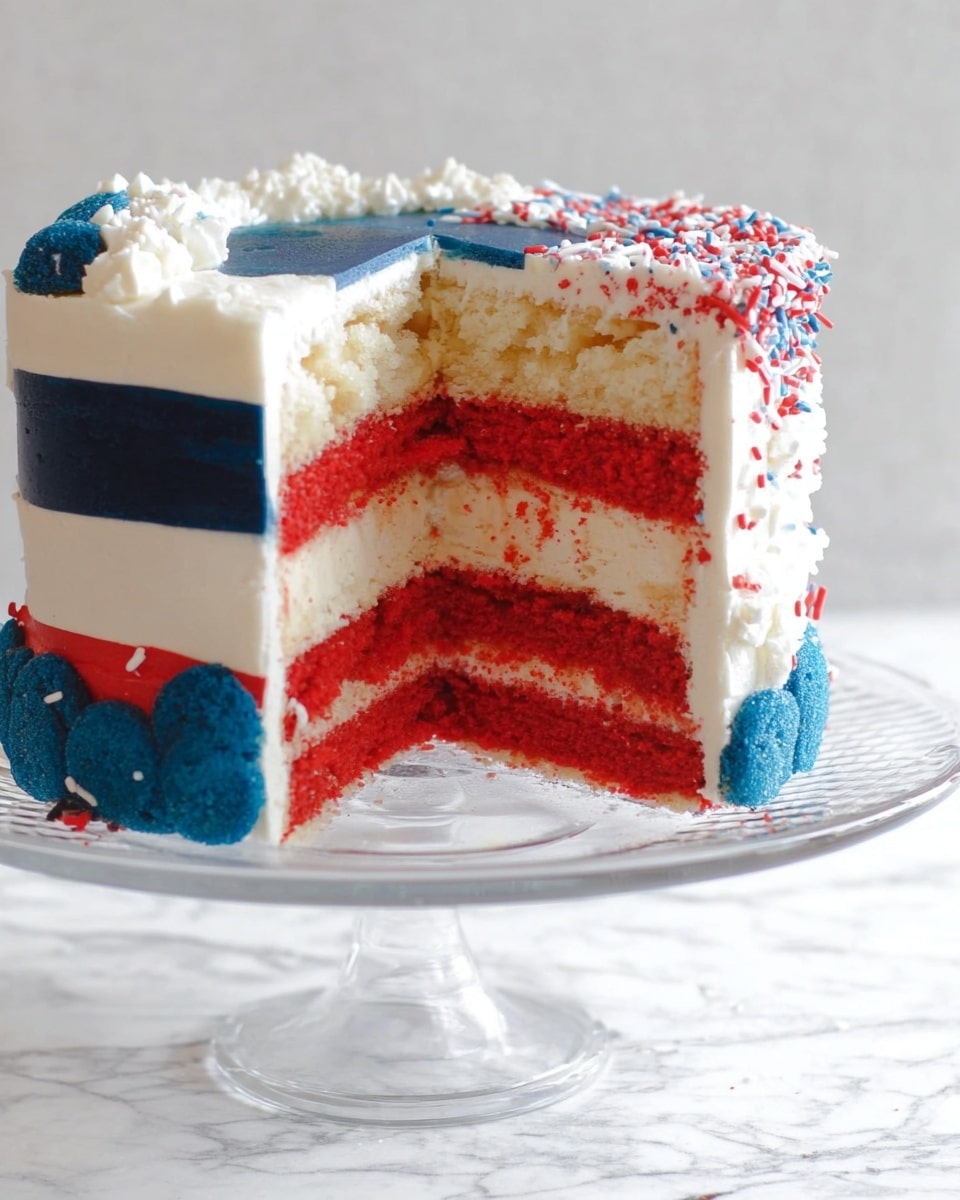 The cake has four visible layers: the bottom layer is light beige, above it is a bright red layer, followed by a thin white cream layer, and on top is another bright red layer. The corner has a square section of dark blue cake, resembling a flag design. The outside is frosted white with thick blue and white rounded decorations on the side, and some blue and red sprinkles on the top edge. The cake is placed on a clear glass cake stand with a circular base, and the background shows a white marbled texture. photo taken with an iphone --ar 4:5 --v 7