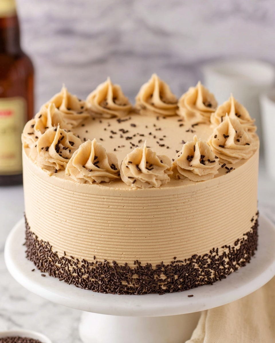 A tall, round, three-layer cake with smooth light brown frosting that has fine horizontal lines around the sides. The top edge of the cake is decorated with evenly spaced light brown frosting swirls, each topped with small dark brown sprinkles. The flat top of the cake has scattered dark brown sprinkles in the center. The cake sits on a white cake stand with dark brown sprinkles around the base of the cake layer. The background shows a white marbled surface with a soft focus. Photo taken with an iphone --ar 4:5 --v 7
