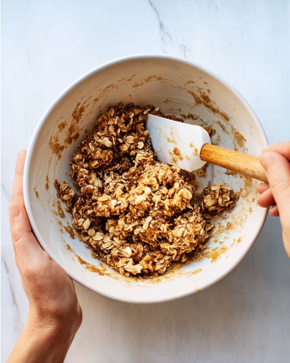 A white bowl filled with a chunky mixture of oats, small pieces of nuts or seeds, and a sticky light brown syrup coating everything. A white spatula with a wooden handle is stirring the mix inside the bowl. A woman's hand is holding the bowl from the side. The surface under the bowl is a white marbled texture. photo taken with an iphone --ar 4:5 --v 7