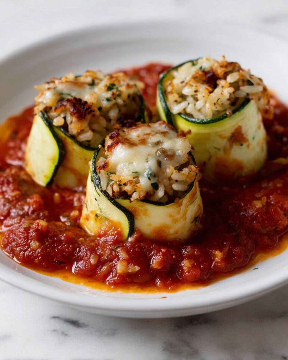 Three small zucchini rolls filled with a mixture of cooked rice, herbs, and melted cheese sit on a white plate. The rolls have a light green skin on the outside with a golden brown top where the cheese is slightly browned. They rest on a thick layer of chunky red tomato sauce spread across the plate. The texture of the sauce is rich and looks hearty with visible pieces of tomato. The plate is placed on a white marbled surface. Photo taken with an iphone --ar 4:5 --v 7