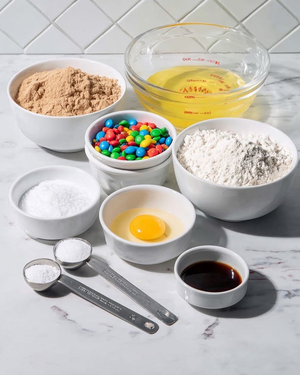 A group of small bowls and a measuring cup are arranged on a white marbled surface. In the front row from left to right, there are two small white bowls, one filled with white salt and the other with white baking powder. Next to them is a white bowl holding a yellow egg yolk. Beside it, two metal measuring spoons lie flat, one filled with white baking soda and the other with dark brown vanilla extract. Behind these, there are three larger white bowls: the left one is filled with light brown sugar, the middle one has white flour, and the right one contains colorful candy-coated chocolate pieces. Behind these bowls is a clear glass measuring cup with melted yellow butter. The background features white tiles with a diamond pattern. photo taken with an iphone --ar 4:5 --v 7