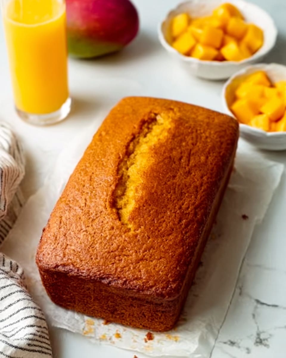 The image shows two slices of golden-brown mango bread with a textured surface, placed on a white plate with a lace paper doily underneath. The slices have a moist look and slightly darker edges, showing they are well baked. Behind the plate, there is a group of bright yellow diced mango pieces arranged on a white marbled surface, along with a shiny metal fork resting near the bread. A metal baking tray with more mango bread is visible in the background. Photo taken with an iphone --ar 4:5 --v 7