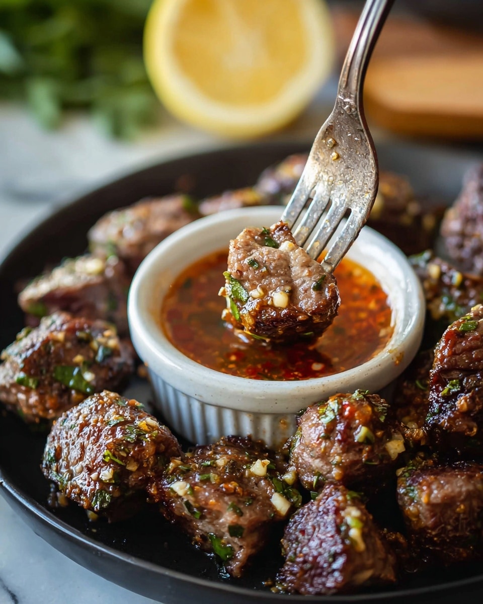 A close-up image of a dark plate filled with multiple small cooked meat pieces that have visible herbs and garlic on them. In the center, there is a white cup filled with a reddish-brown sauce. A rusty fork is holding one meat piece dipped into the sauce. The background shows some green blurred herbs and a sliced lemon placed on a white marbled surface. Photo taken with an iphone --ar 4:5 --v 7