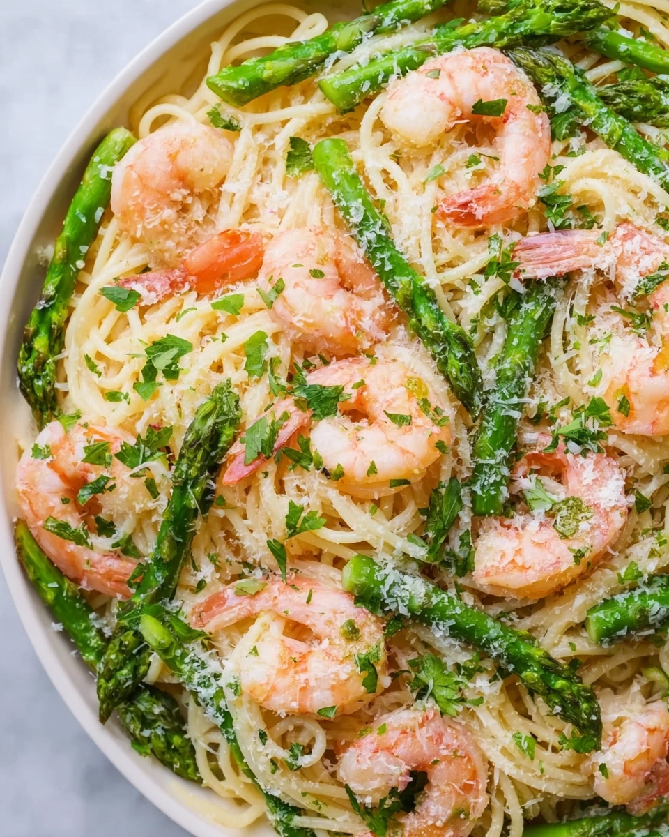 A close-up view of a dish with three main layers: the bottom layer is light yellow spaghetti noodles tangled together, the middle layer has bright green asparagus spears scattered around, and the top layer shows several pink shrimp curled over the noodles and asparagus. Small bits of green parsley and grated white cheese are sprinkled evenly over all the layers, adding texture and color. The dish is set on a white marbled surface. photo taken with an iphone --ar 4:5 --v 7