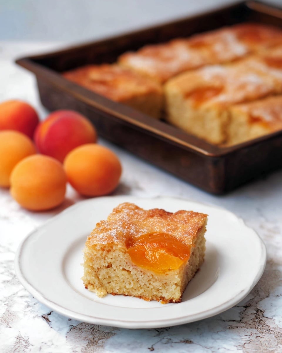 A close-up image shows a square piece of golden apricot cake placed in the middle of a white plate, with a visible apricot slice embedded on the top layer of the cake. The cake looks soft and moist with a light brown crust on top. Behind the plate is a dark baking pan filled with more square pieces of the same cake, arranged in a grid. To the right side of the plate, there are four fresh whole apricots with orange and red hues. The scene is set on a white marbled texture surface with soft natural light, creating a fresh and warm atmosphere photo taken with an iphone --ar 4:5 --v 7