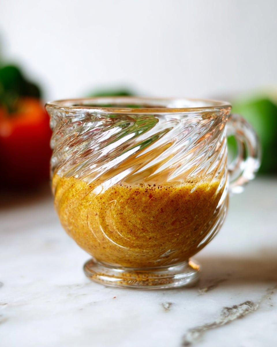 A clear glass cup with spiral ridges holds a thick layer of golden-brown sauce or dressing at the bottom. The glass reflects light, enhancing the textured swirls, and the sauce has a slightly grainy texture with visible small bits. The cup has a small handle on the side and sits on a white marbled surface, surrounded by blurred green and red objects in the background. Photo taken with an iphone --ar 4:5 --v 7