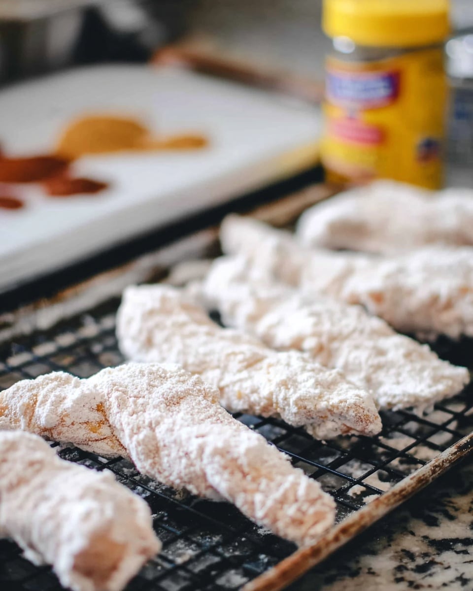 The image shows several pieces of raw chicken coated in a white flour mixture, arranged in a single layer on a black wire rack placed over a baking tray. The chicken pieces are elongated and irregular in shape, with a rough texture due to the flour coating. In the blurred background, a yellow container with a red label and some spices can be seen resting on a white marbled surface. The scene has a soft focus, emphasizing the coated chicken pieces in the foreground. photo taken with an iphone --ar 4:5 --v 7