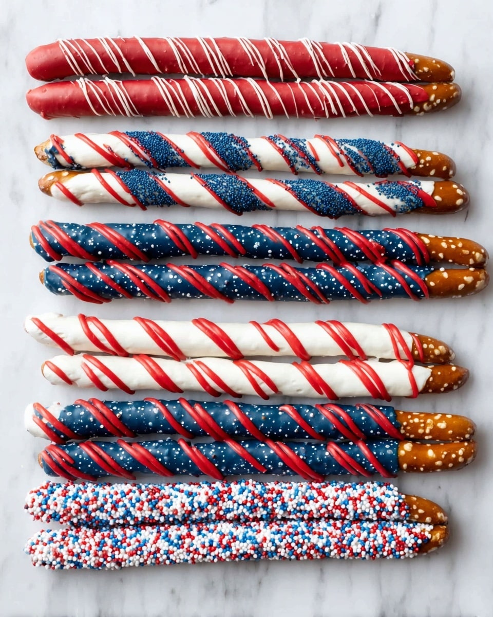 The image shows four sets of long pretzel sticks decorated with colorful coatings and stripes, arranged vertically on a white marbled surface. The top four pretzels are coated in a smooth red layer with thin white zigzag lines drizzled over them. Below them, four pretzels have a striped pattern with thick layers of dark blue, red, and white spaced unevenly around the middle section. The next four pretzels have a white base with thin parallel diagonal stripes in red and blue evenly spaced along the coated area. The bottom four pretzels have a dark blue base with thin red zigzag lines drizzled on top. Lastly, three pretzels are coated in white and covered with small red, blue, and white round sprinkles. Each pretzel stick shows the natural brown color of the pretzel ends at the bottom where the coating stops. Photo taken with an iphone --ar 4:5 --v 7